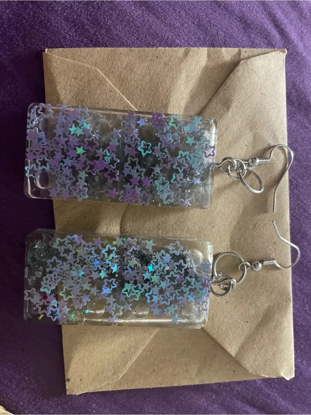 Holographic Star Confetti Clear Resin Rectangle Dangle Earrings